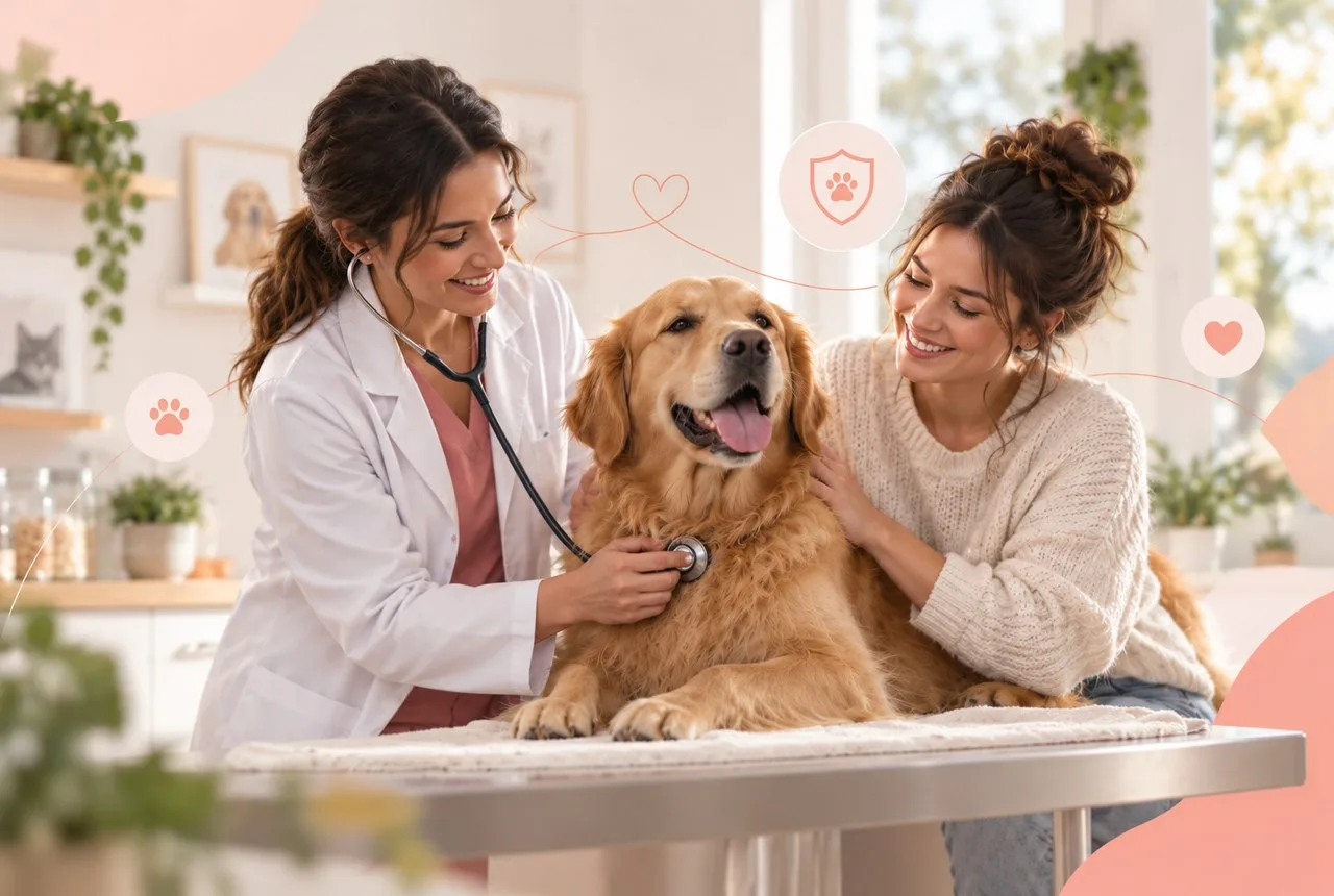 Veterinarian talking with an owner beside a golden-colored dog in a clinic